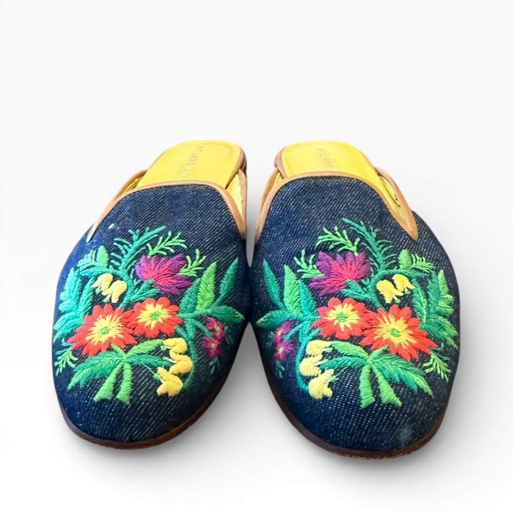 Stubbs & Wooten Emrodiery Vibrant Floral Denim Mules Slip On 7.5 - Picture 2 of 14
